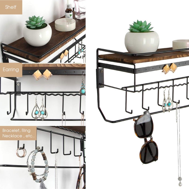 J JACKCUBE DESIGN JackCubeDesign Hanging Jewelry Organizer with 9 Hooks, Wall Mount Necklace Earring Bracelet Sunglass Holder with Torched Wood Shelf (Black Metal) - MK237C - Image 5